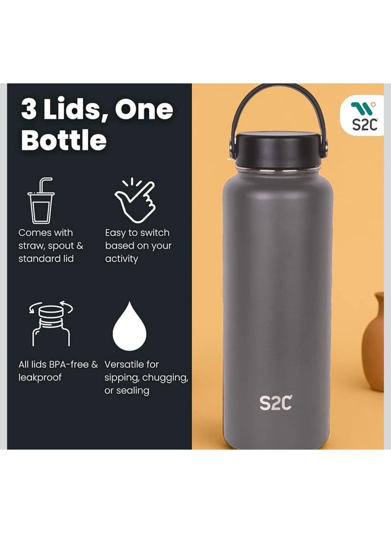 S2C 1200ml insulated water bottle, double wall, made of 18/8 stainless steel, with straw, suitable for sports, thermos, hot water bottle, gym bottle (silver) - Image 3